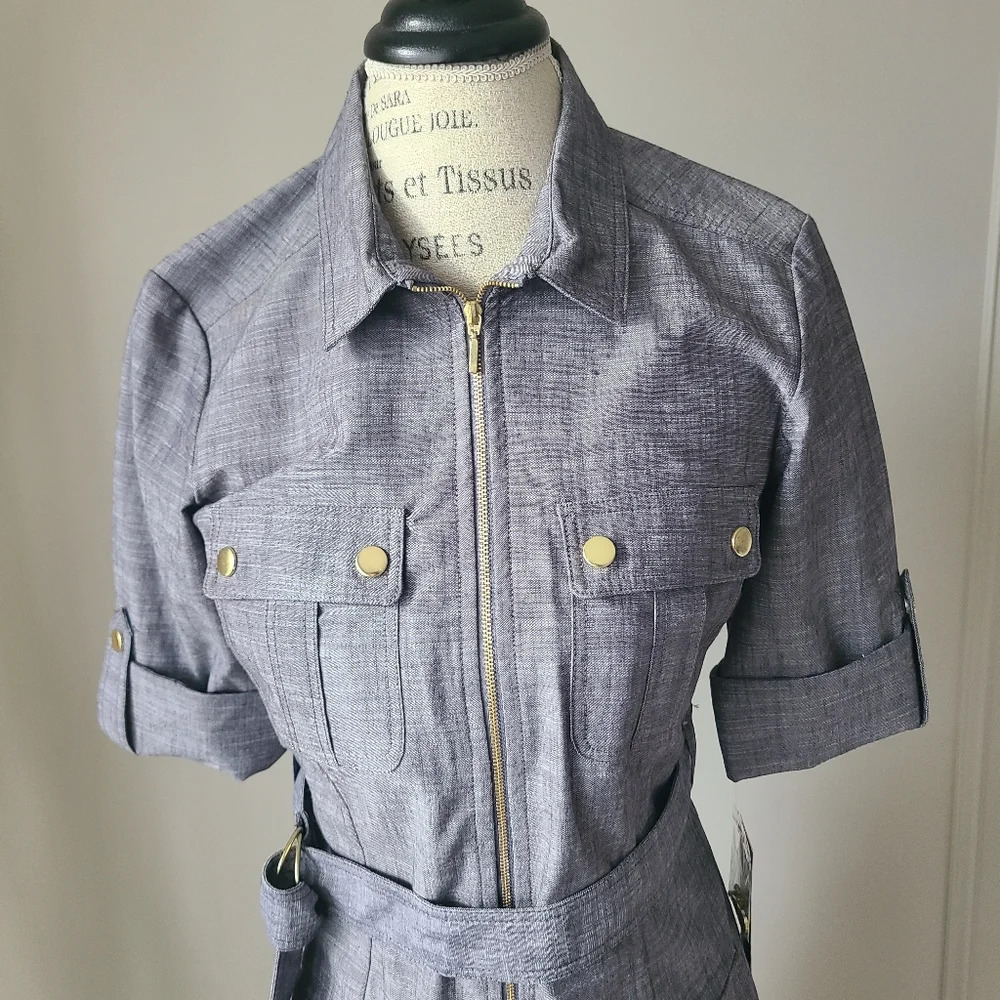 NWT Saharagano dress gray sz.6 rollup sleeves belted - Picture 2 of 12
